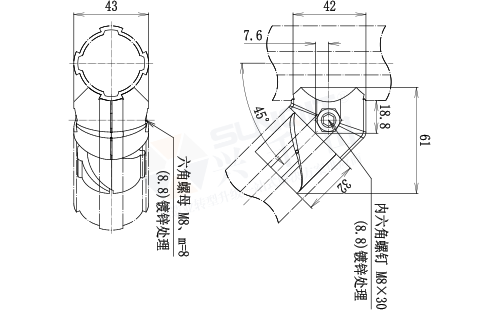 45°內(nèi)接頭尺寸圖